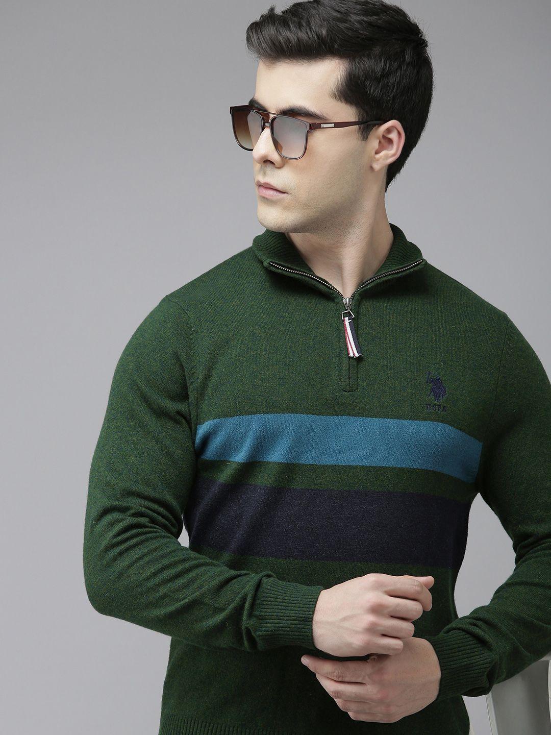 u s polo assn. denim co. men olive green & blue striped pullover sweater