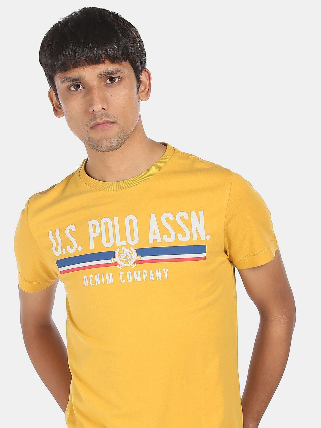 u. s. polo assn. men yellow  white brand logo printed pure cotton t-shirt