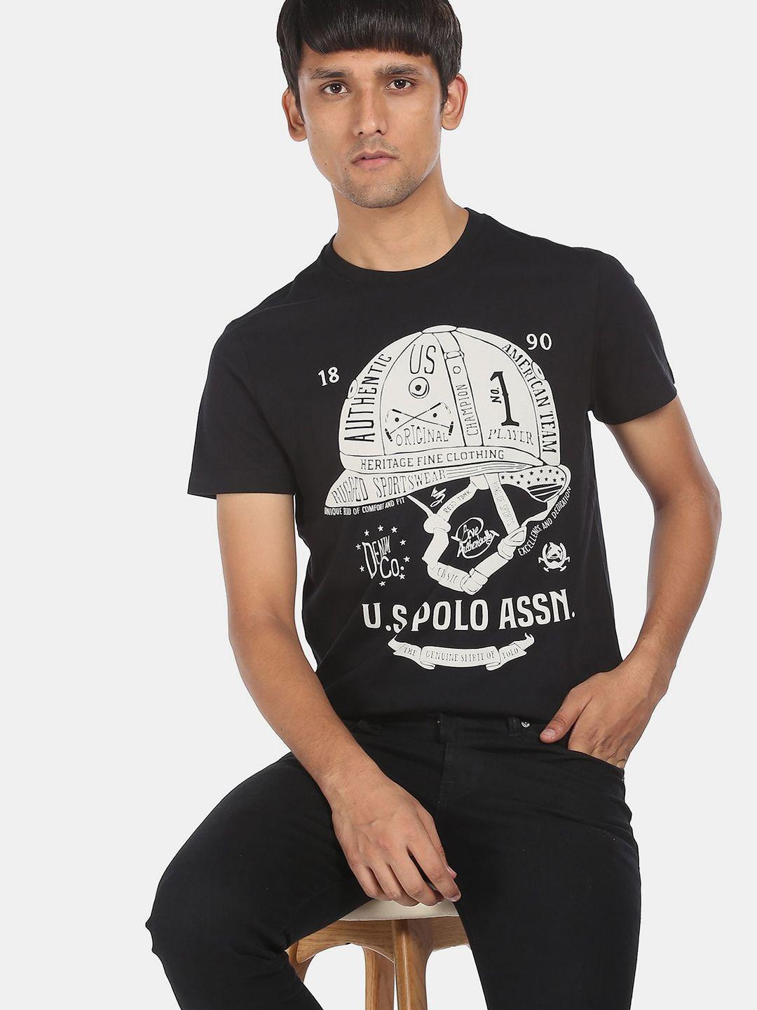 u. s. polo assn men black  white brand logo printed pure cotton t-shirt