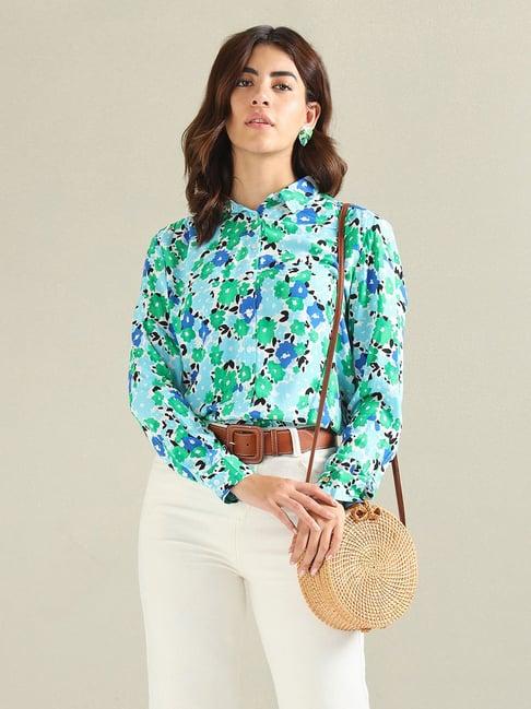 u.s. polo assn. blue & green cotton floral print shirt