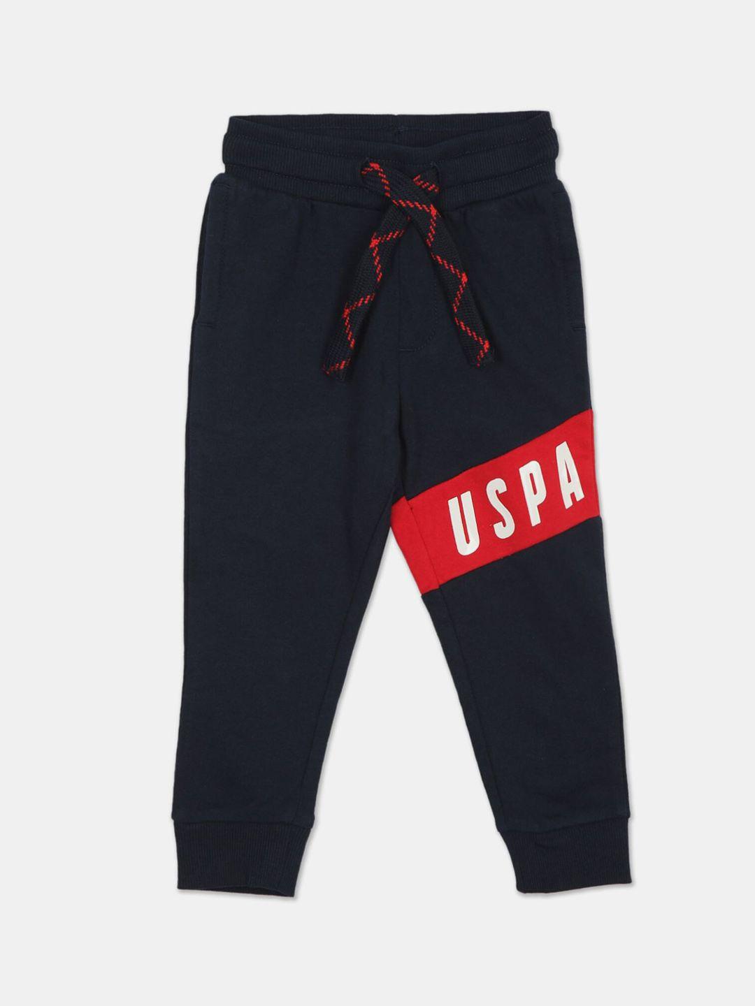u.s. polo assn. boys navy blue & red brand logo printed straight-fit joggers