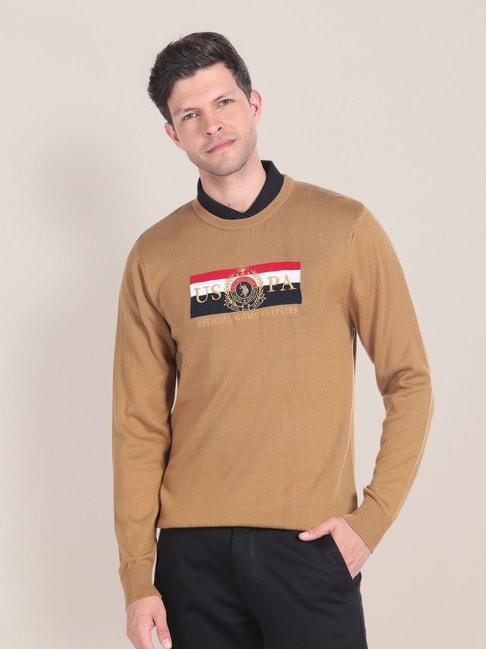 u.s. polo assn. khaki cotton regular fit self pattern sweater
