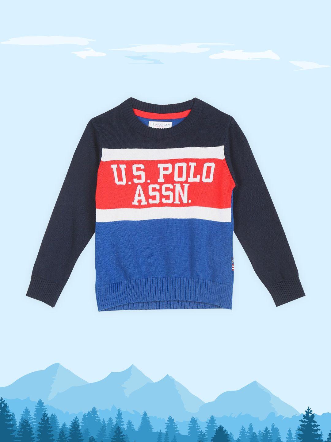 u.s. polo assn. kids boys blue & red typography printed pullover