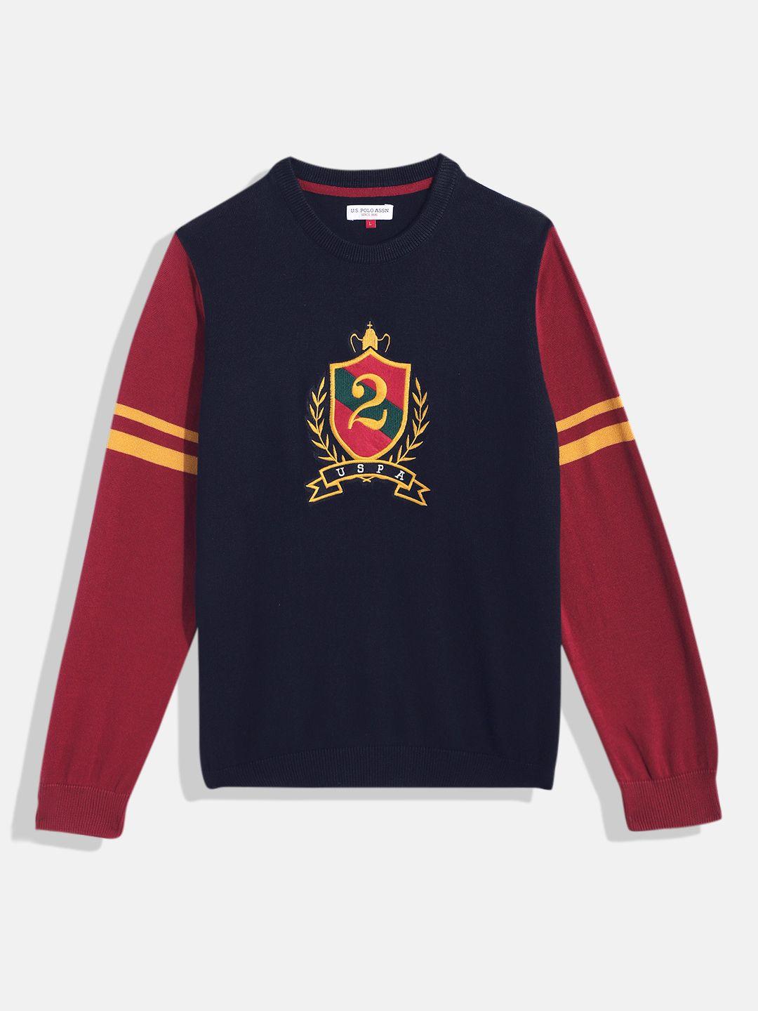 u.s. polo assn. kids boys navy blue & maroon alphanumeric embroidered pure cotton pullover