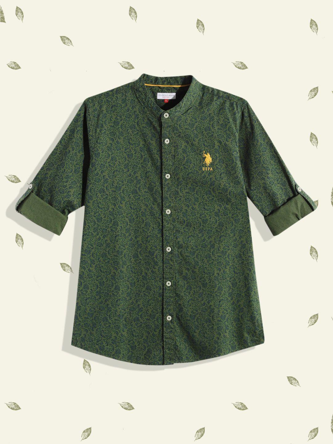 u.s. polo assn. kids boys olive green printed pure cotton casual shirt