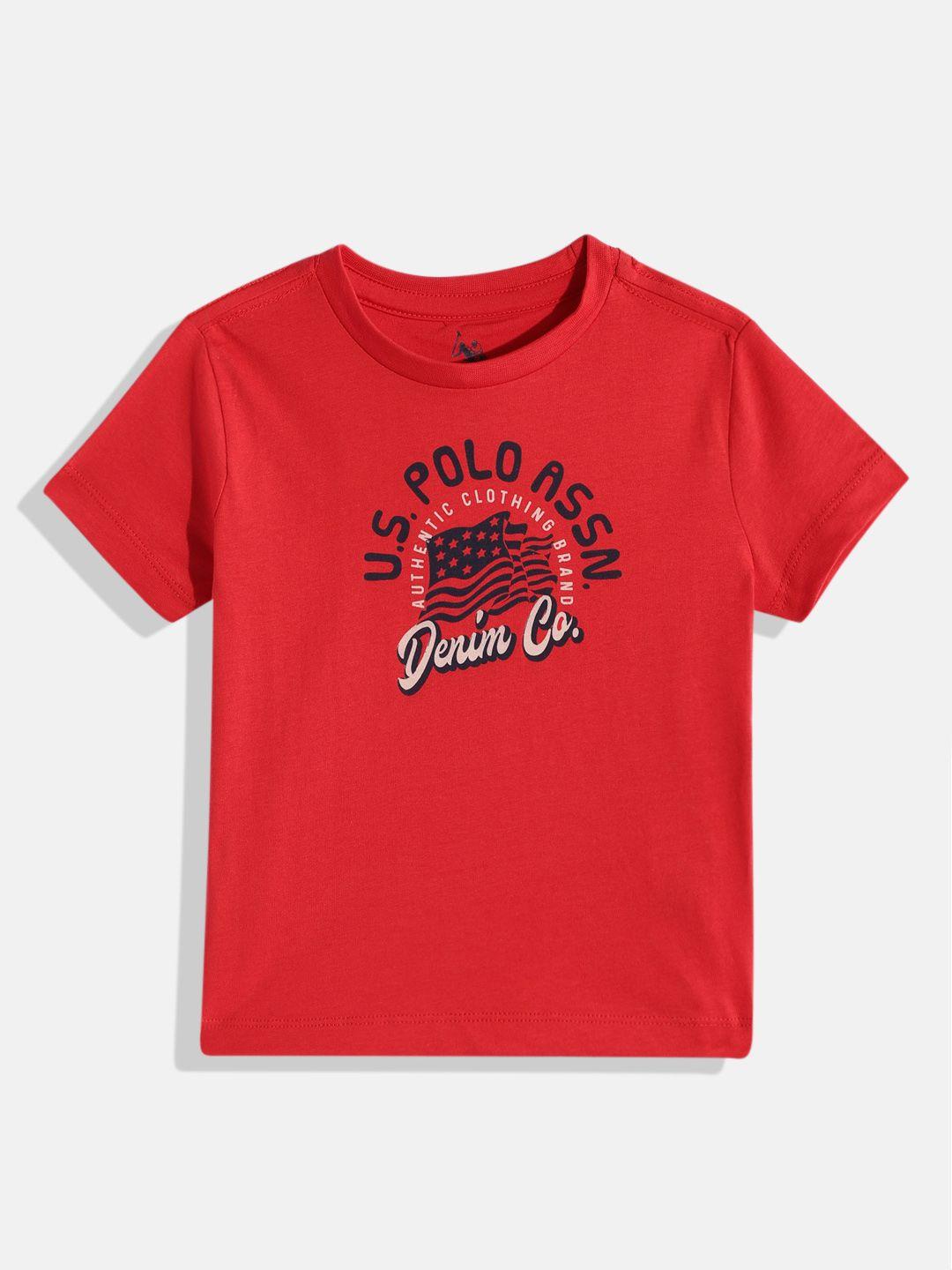 u.s. polo assn. kids boys red & navy blue brand logo printed pure cotton t-shirt