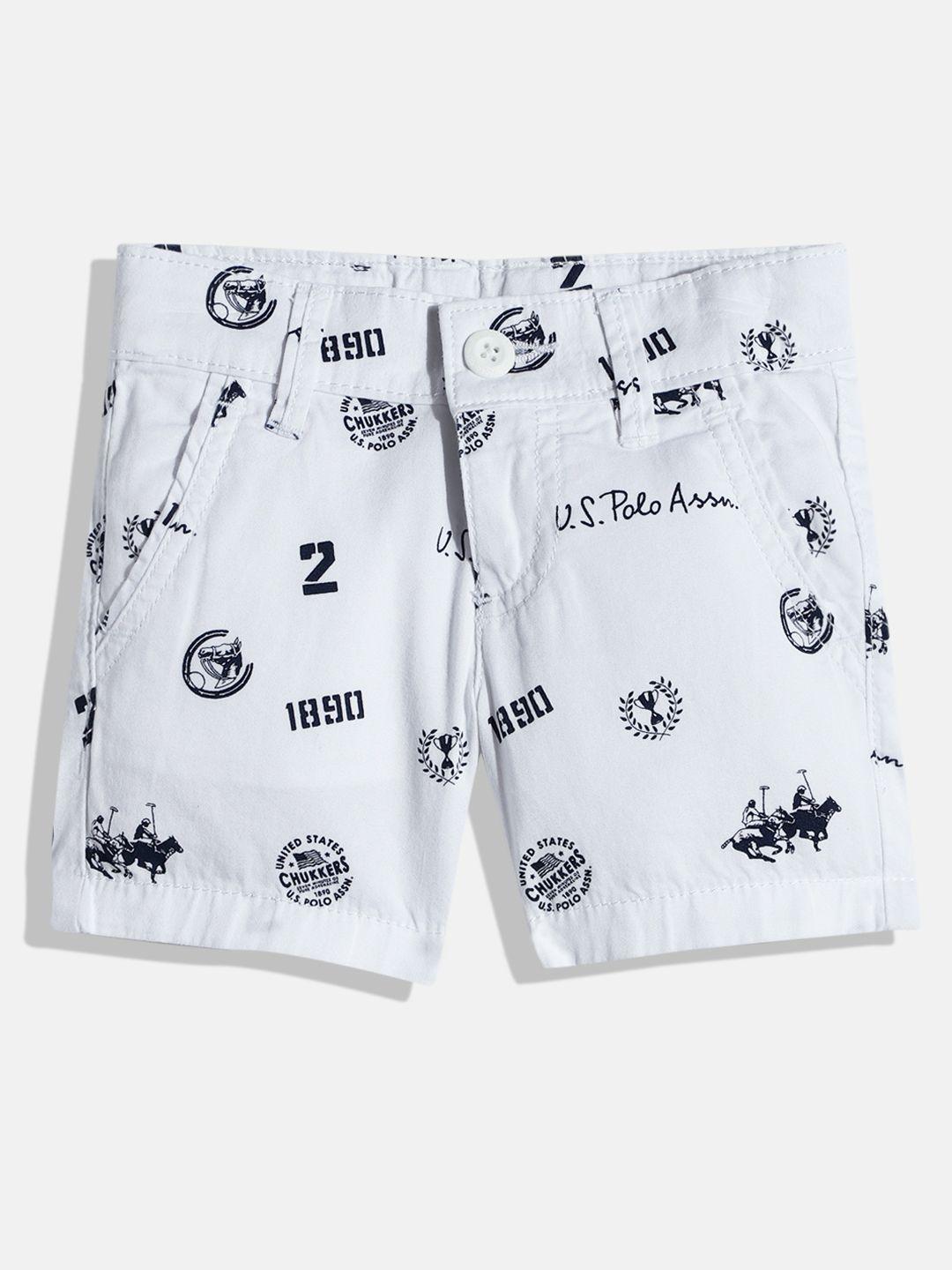u.s. polo assn. kids boys white & navy blue brand logo printed pure cotton twill shorts