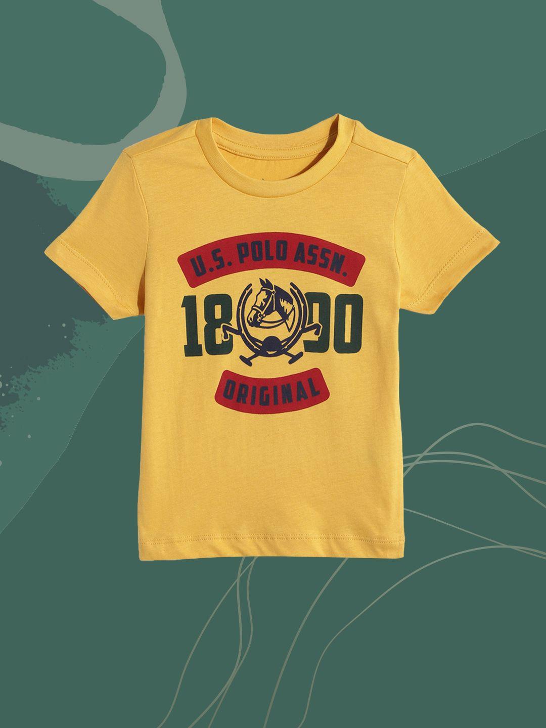 u.s. polo assn. kids boys yellow brand logo print round neck pure cotton t-shirt