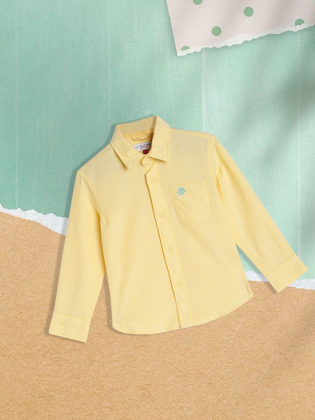 u.s. polo assn. kids boys yellow regular fit solid opaque cotton casual shirt with pocket