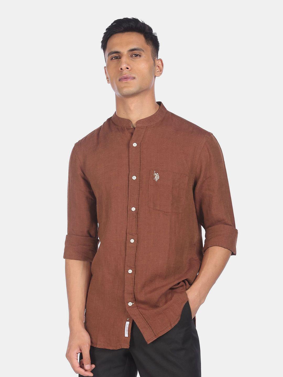 u.s. polo assn. men brown solid roll-up sleeves casual shirt