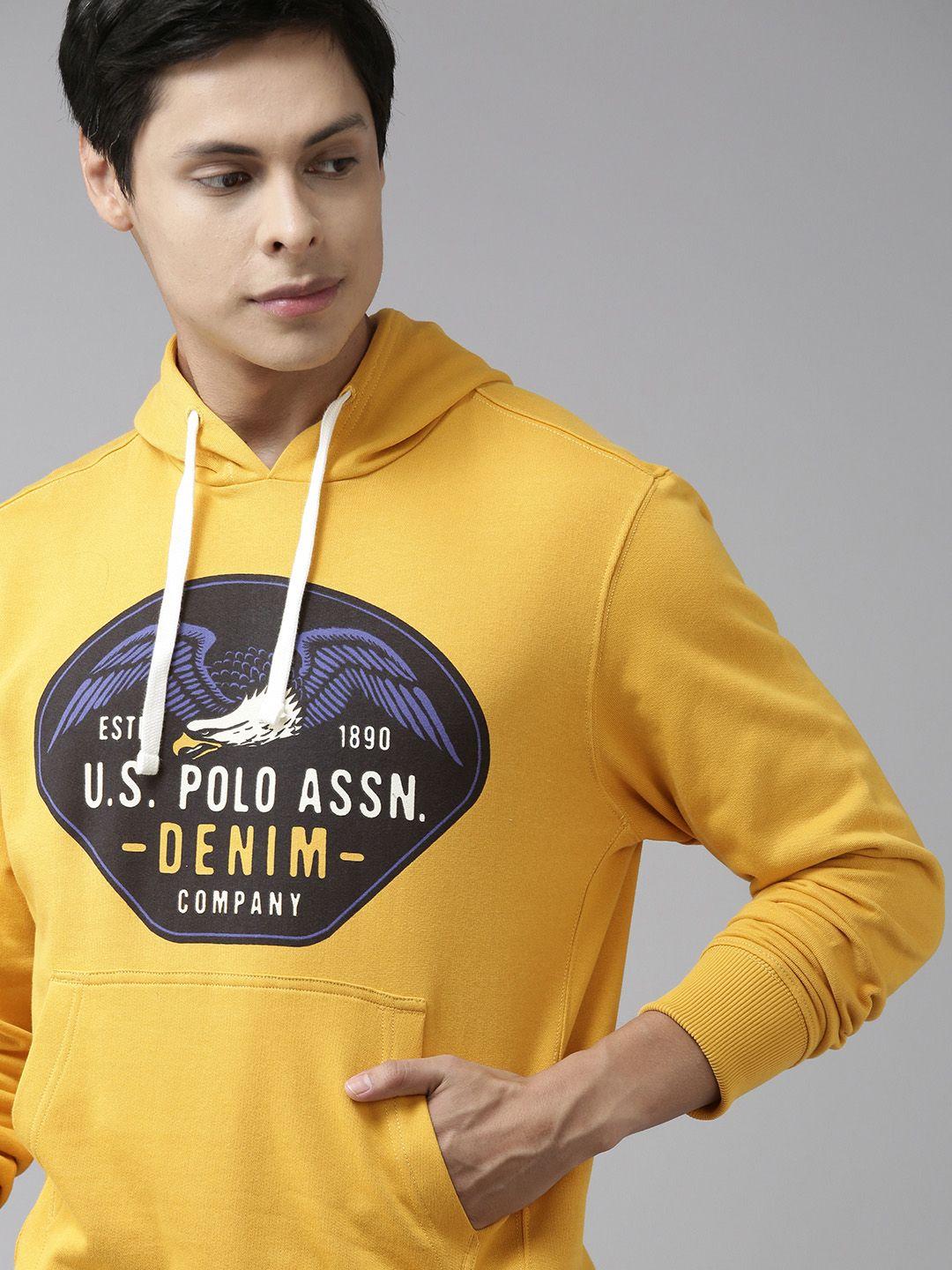 u.s. polo assn. men mustard yellow & black cotton brand logo print hooded sweatshirt