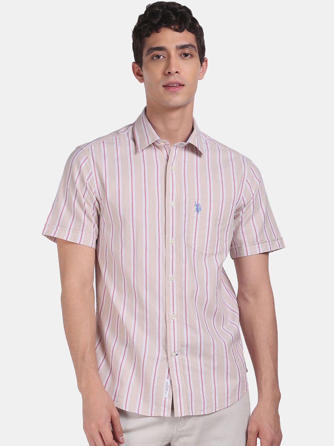 u.s. polo assn. men pink regular fit striped cotton casual shirt