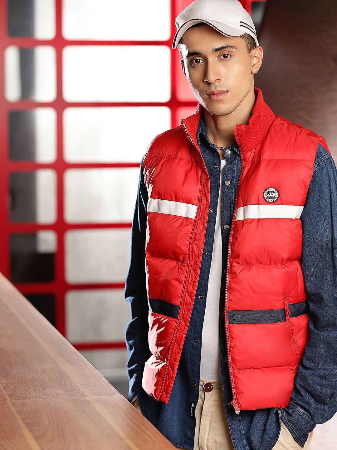 u.s. polo assn. men red & white striped padded jacket