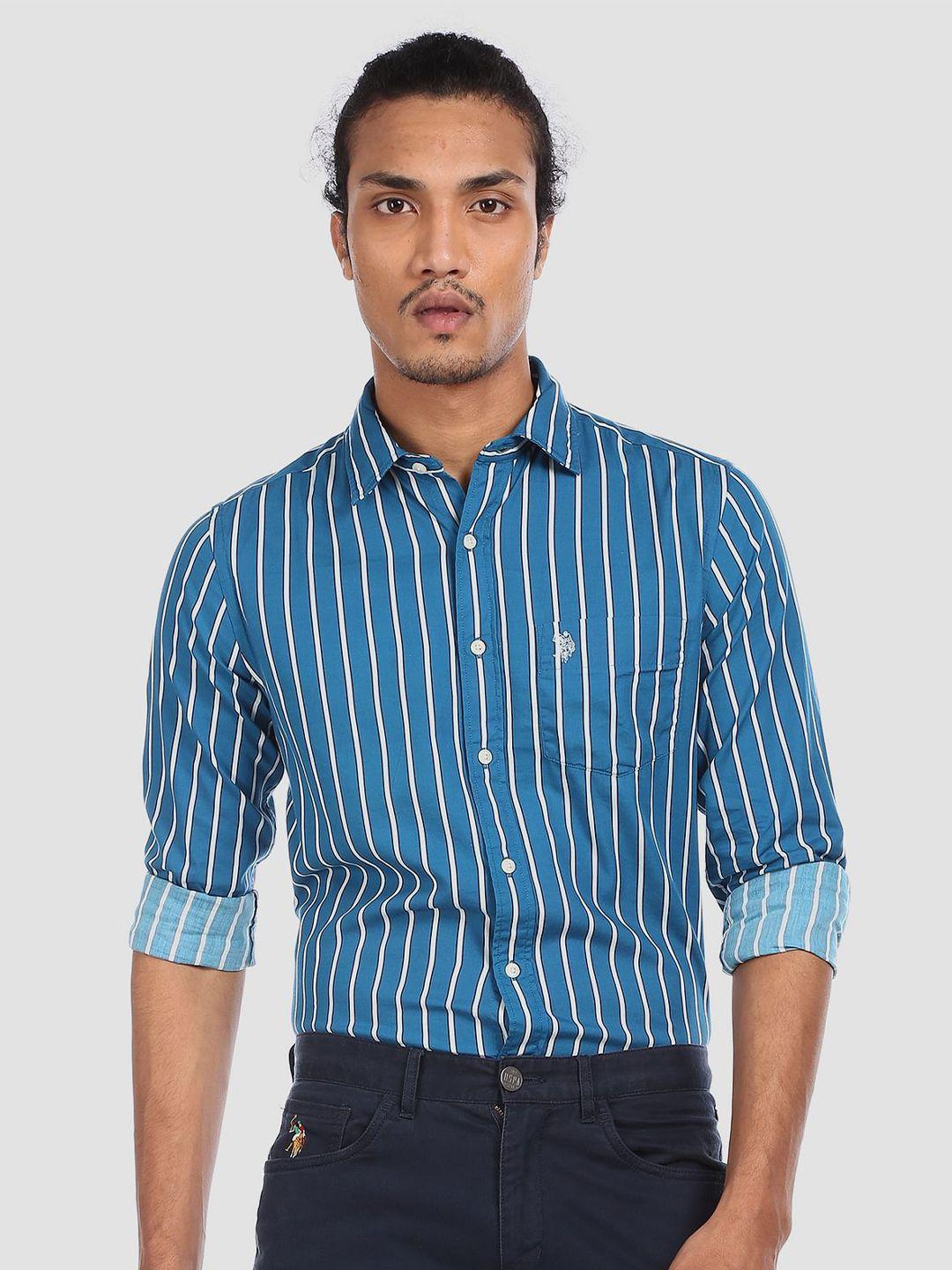 u.s. polo assn. men teal blue & white tailored fit striped casual shirt
