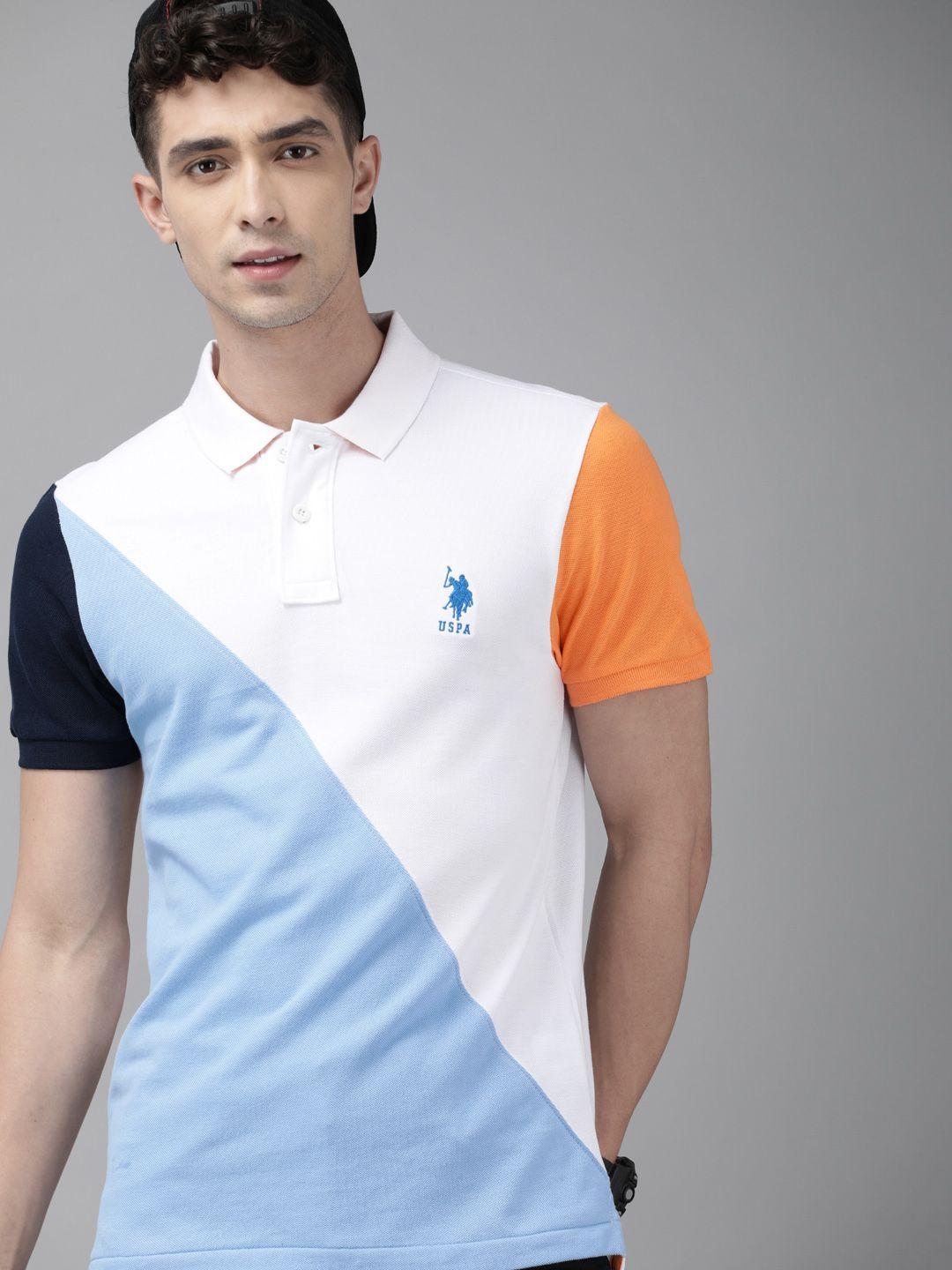 u.s. polo assn. men white  blue colourblocked round neck pure cotton t-shirt