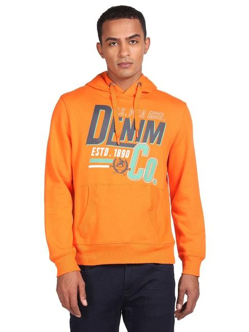 u.s. polo assn. orange regular fit printed hooded sweatshirt