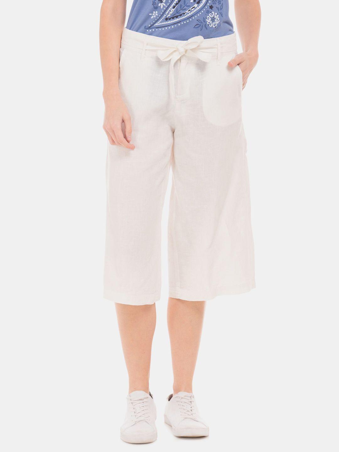 u.s. polo assn. women cream-coloured regular fit linen solid parallel trousers