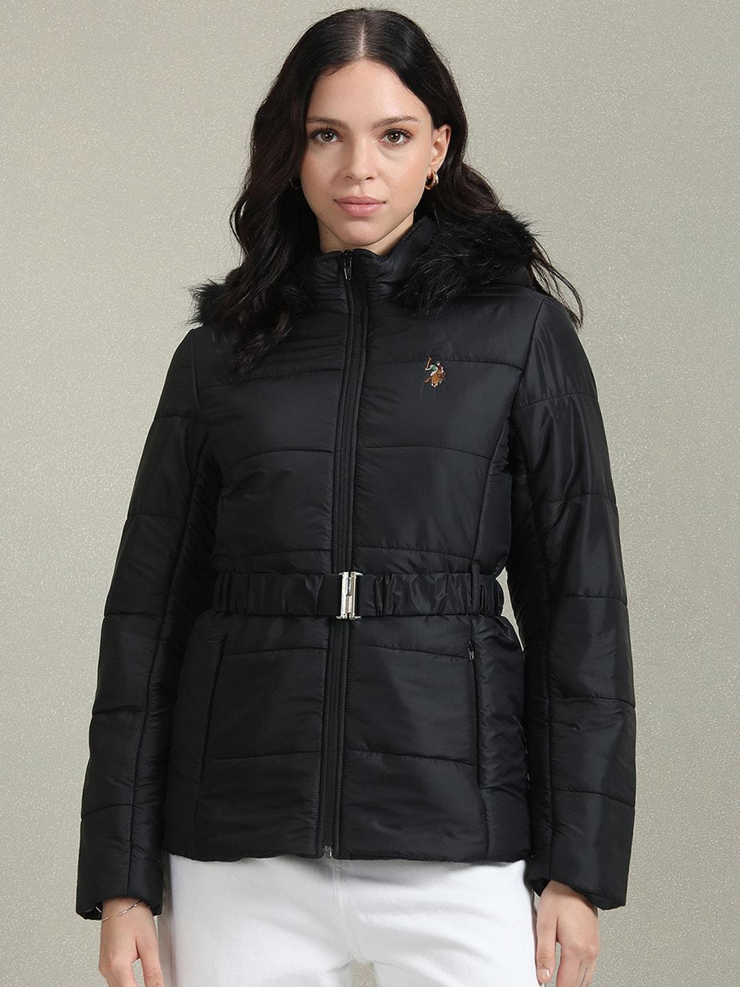u.s. polo assn. women mock collar faux fur trim detail padded jacket