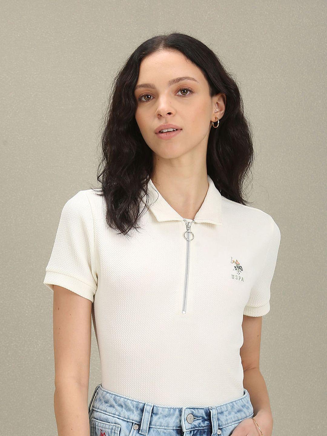 u.s. polo assn. women self design polo collar slim fit embroidered pure cotton t-shirt