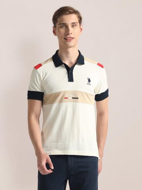 u.s. polo assn. beige cotton slim fit colour block polo t-shirt