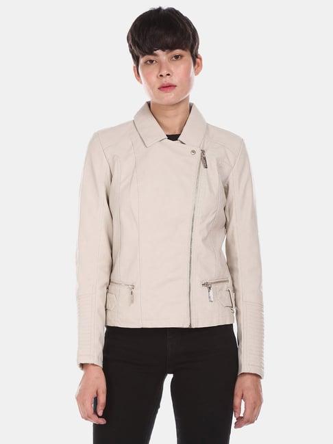 u.s. polo assn. beige full sleeves biker jacket