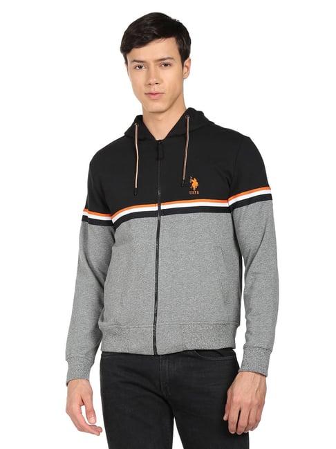 u.s. polo assn. black & grey cotton regular fit colour block hooded sweatshirt