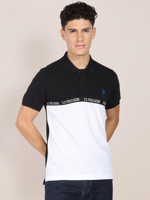 u.s. polo assn. black & white cotton regular fit colour block polo t-shirt