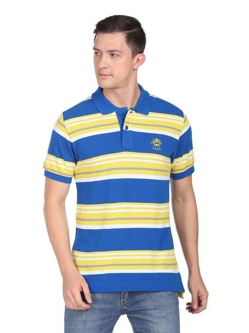 u.s. polo assn. blue & yellow cotton regular fit striped polo t-shirt