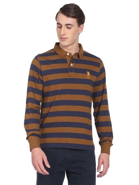 u.s. polo assn. brown & navy cotton regular fit striped polo t-shirt