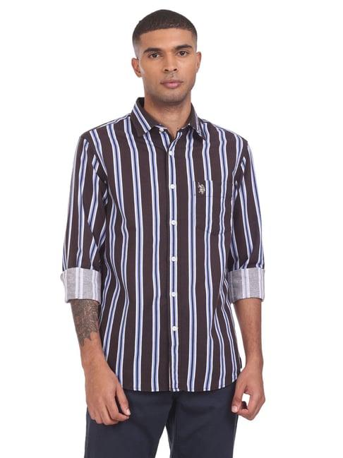 u.s. polo assn. brown linen regular fit striped shirt