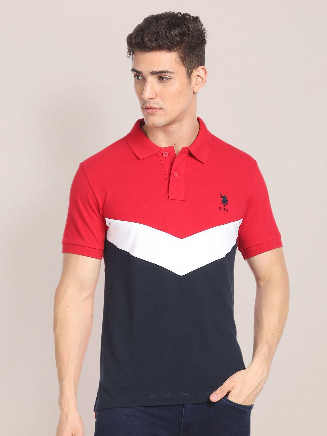 u.s. polo assn. colourblocked polo collar pure cotton slim fit t-shirt