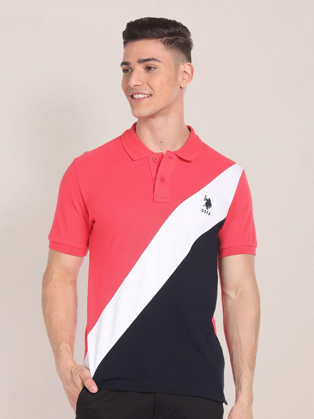 u.s. polo assn. colourblocked polo collar pure cotton slim fit t-shirt