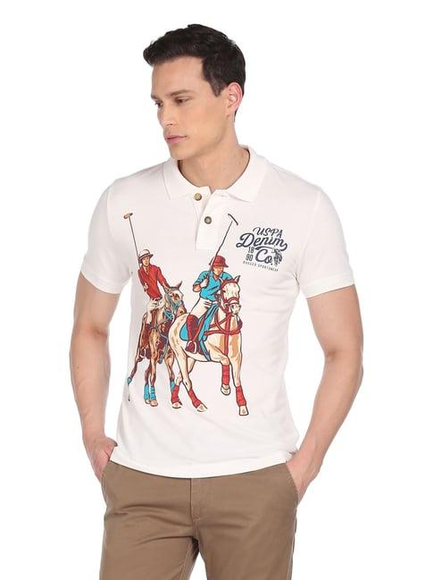 u.s. polo assn. cream cotton regular fit printed polo t-shirt