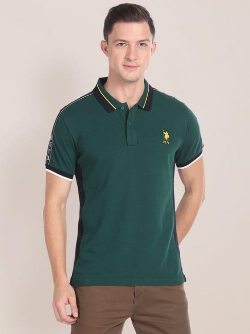 u.s. polo assn. dark green & navy cotton slim fit printed polo t-shirt