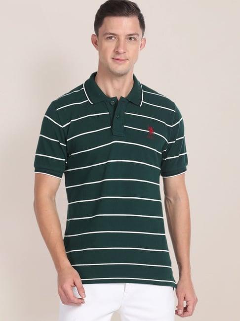 u.s. polo assn. dark green cotton slim fit striped polo t-shirt