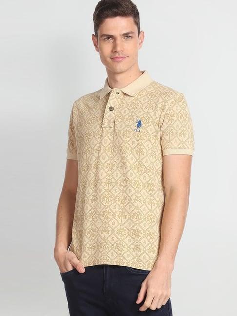 u.s. polo assn. denim co. beige cotton slim fit printed polo t-shirt