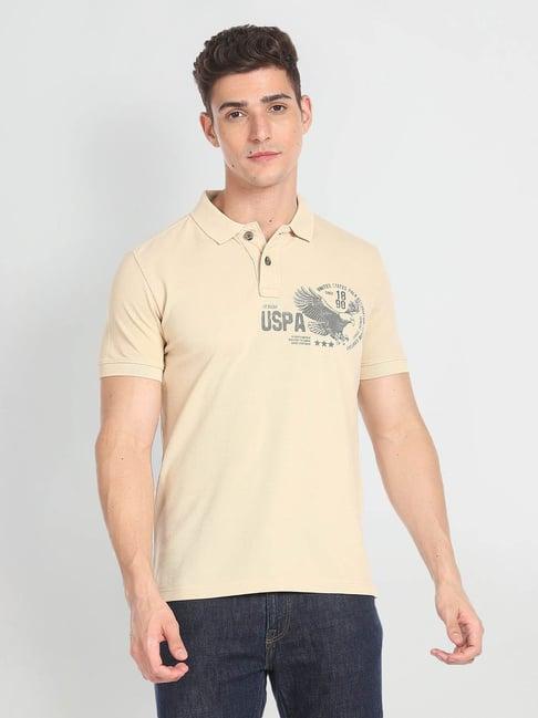 u.s. polo assn. denim co. beige slim fit printed cotton polo t-shirt