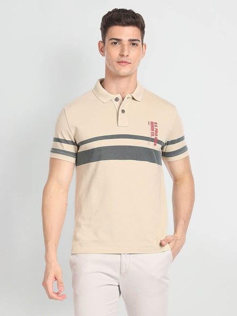 u.s. polo assn. denim co. beige slim fit striped cotton polo t-shirt