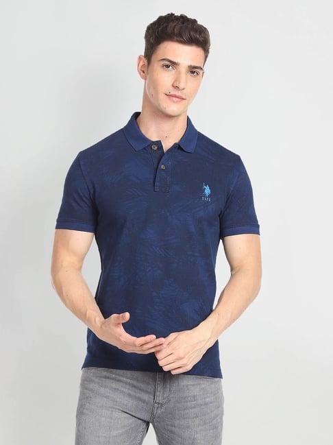 u.s. polo assn. denim co. blue slim fit printed cotton polo t-shirt