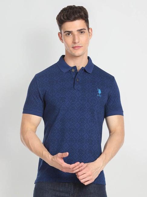 u.s. polo assn. denim co. blue slim fit printed cotton polo t-shirt