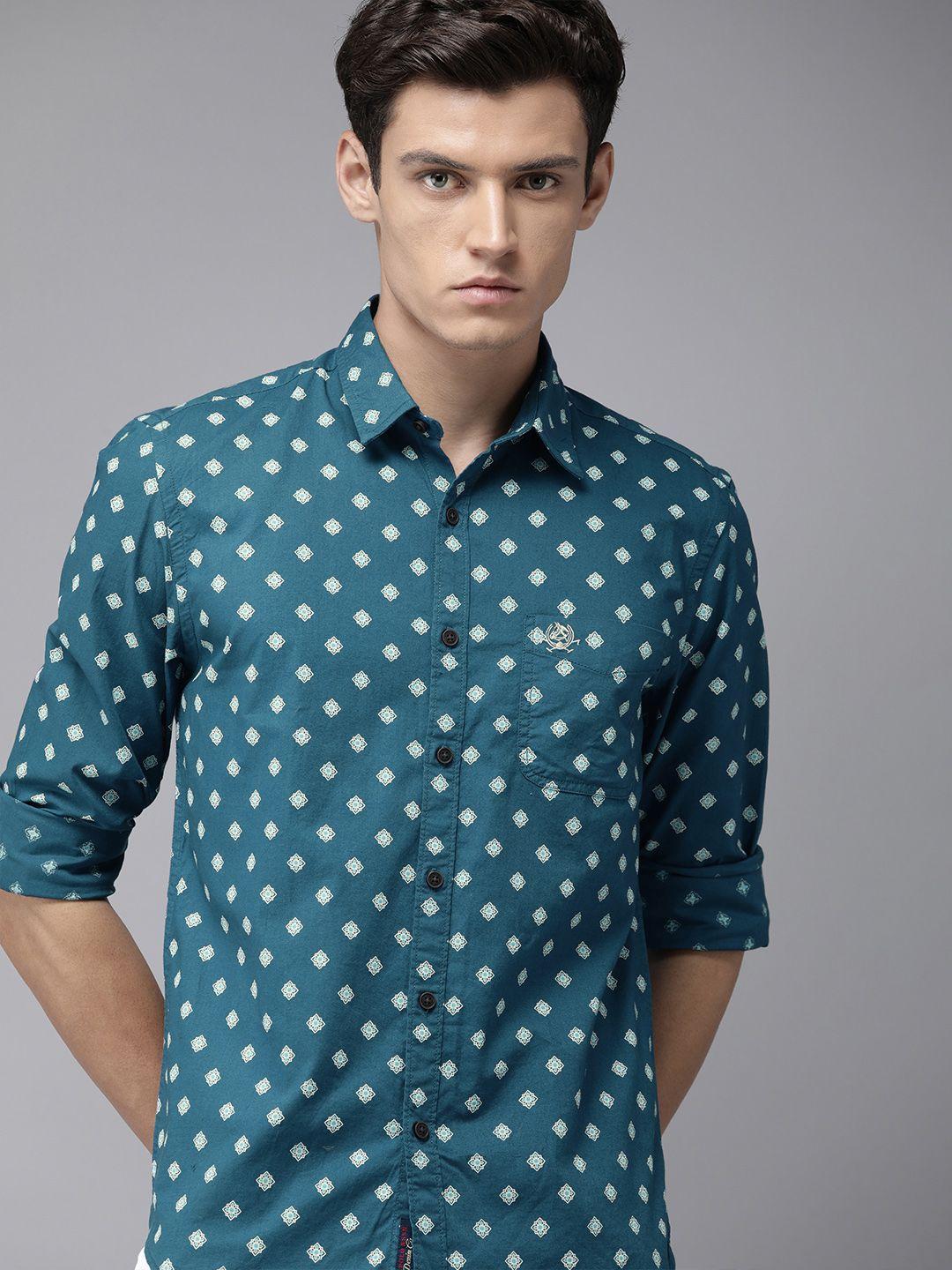 u.s. polo assn. denim co. denim co men teal blue slim fit ethnic printed pure cotton casual shirt