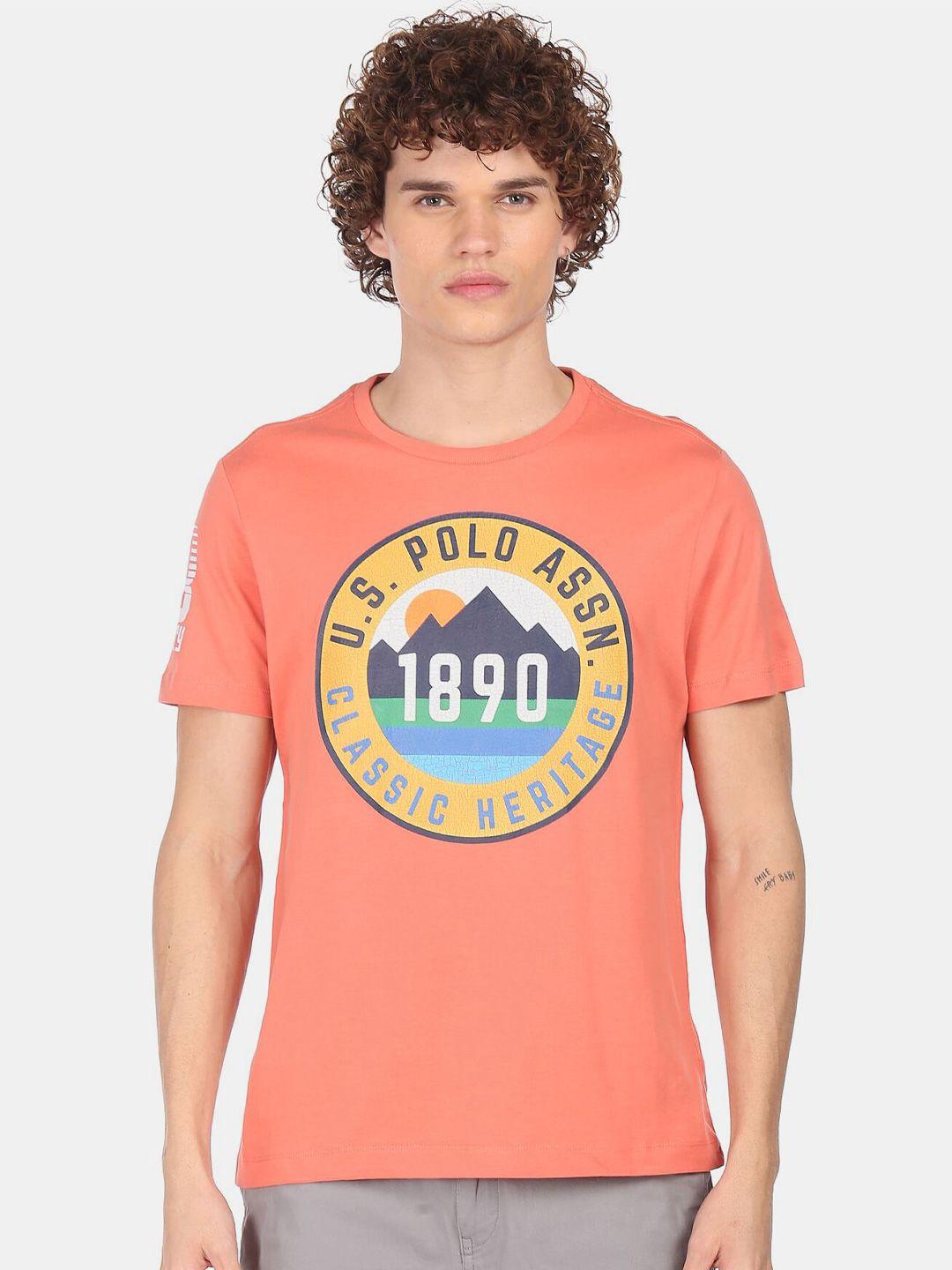 u.s. polo assn. denim co. denim co. men peach-coloured & blue brand logo printed pure cotton t-shirt