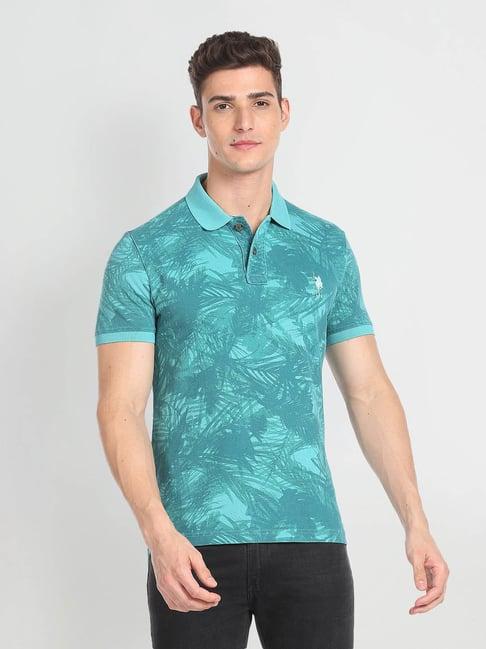 u.s. polo assn. denim co. green slim fit printed cotton polo t-shirt