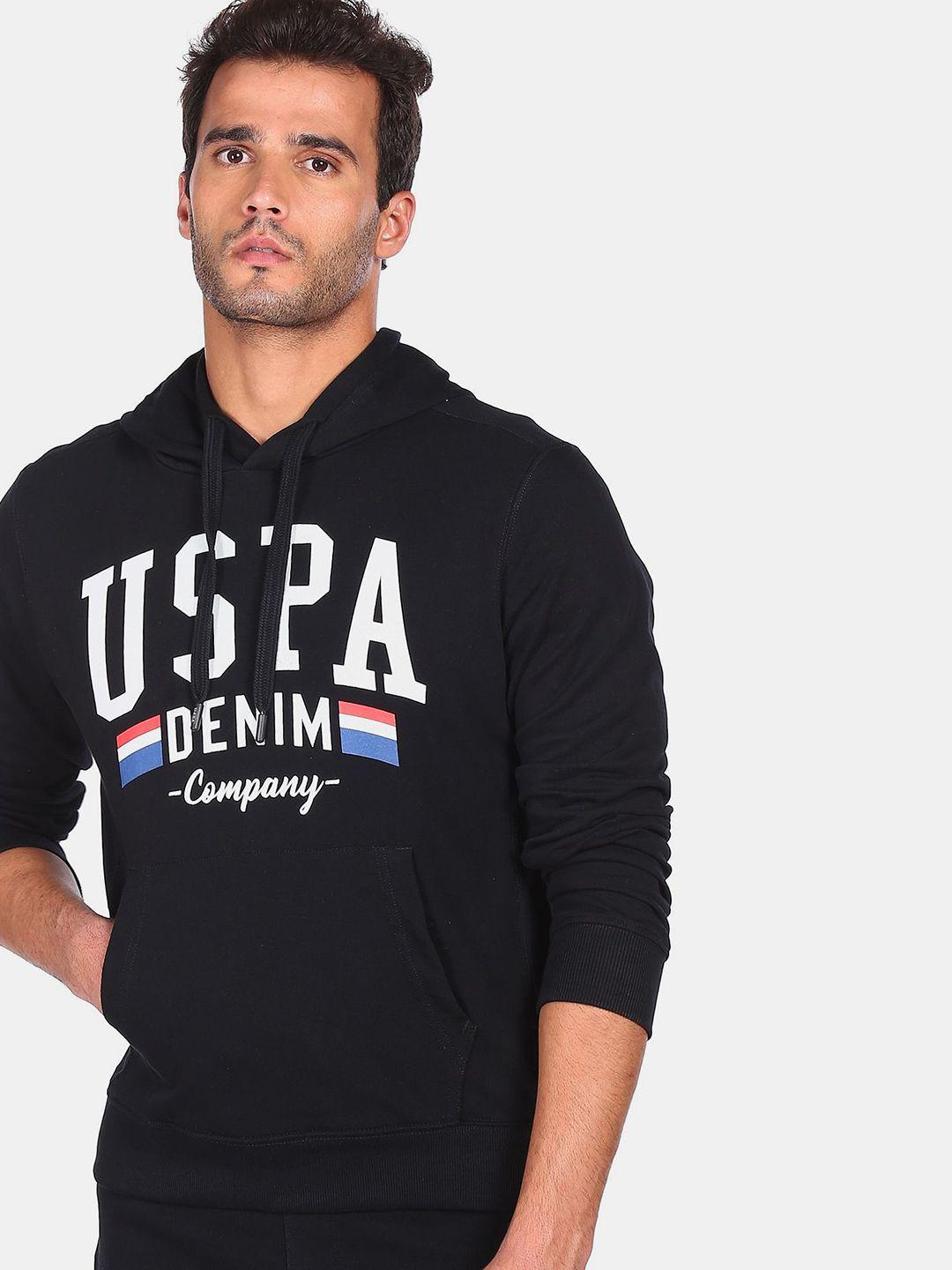 u.s. polo assn. denim co. men black printed hooded cotton blend sweatshirt