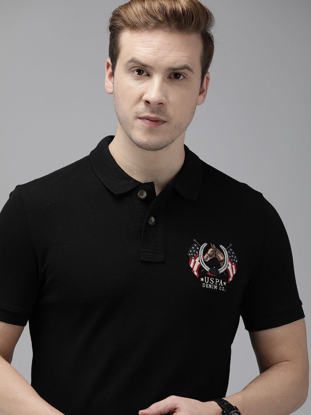 u.s. polo assn. denim co. men black pure cotton brand logo printed polo collar t-shirt