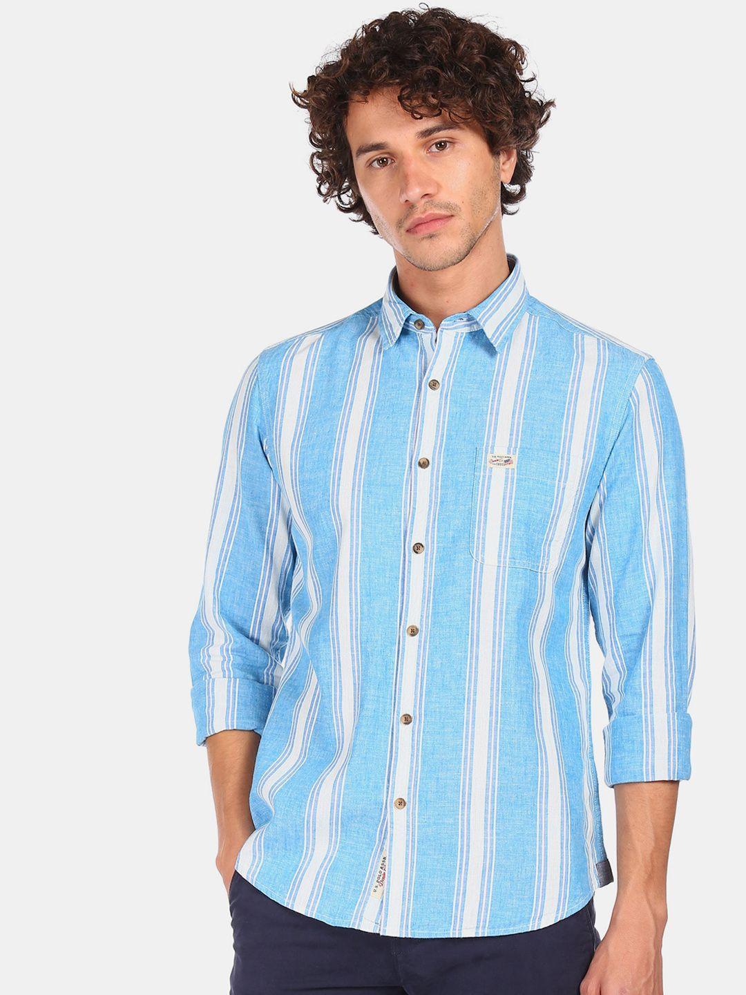 u.s. polo assn. denim co. men blue & white opaque striped cotton linen casual shirt