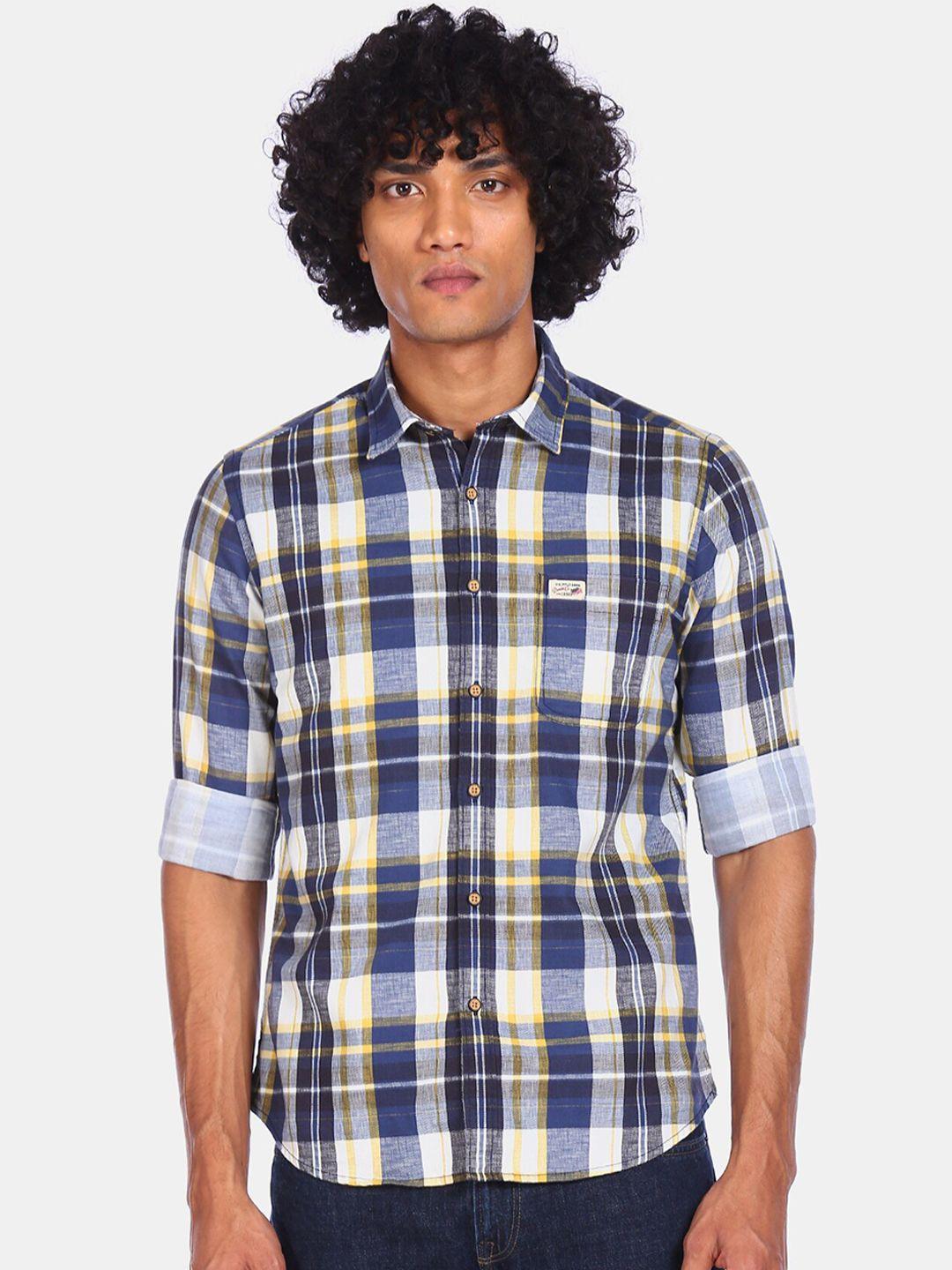 u.s. polo assn. denim co. men blue tartan checks opaque cotton casual shirt