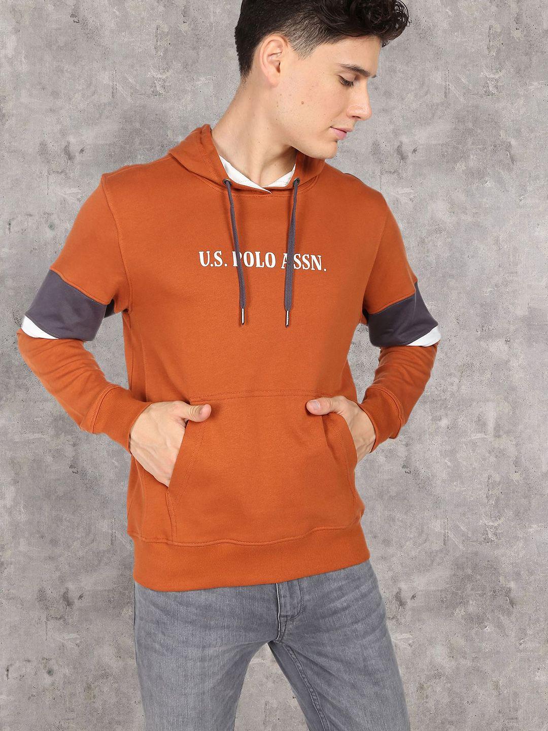 u.s. polo assn. denim co. men brown printed hooded pure cotton sweatshirt