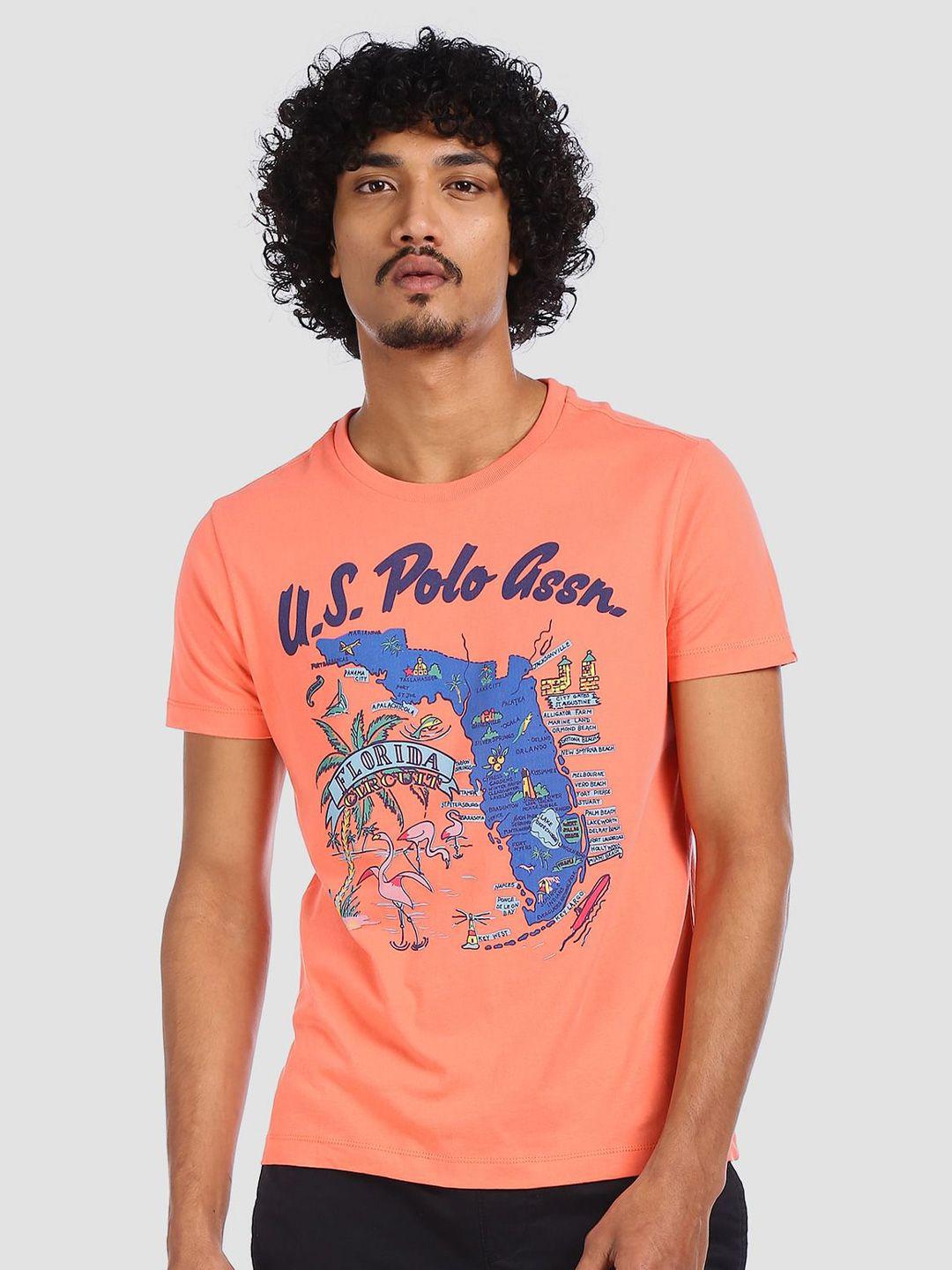 u.s. polo assn. denim co. men coral pink printed slim fit round neck pure cotton t-shirt