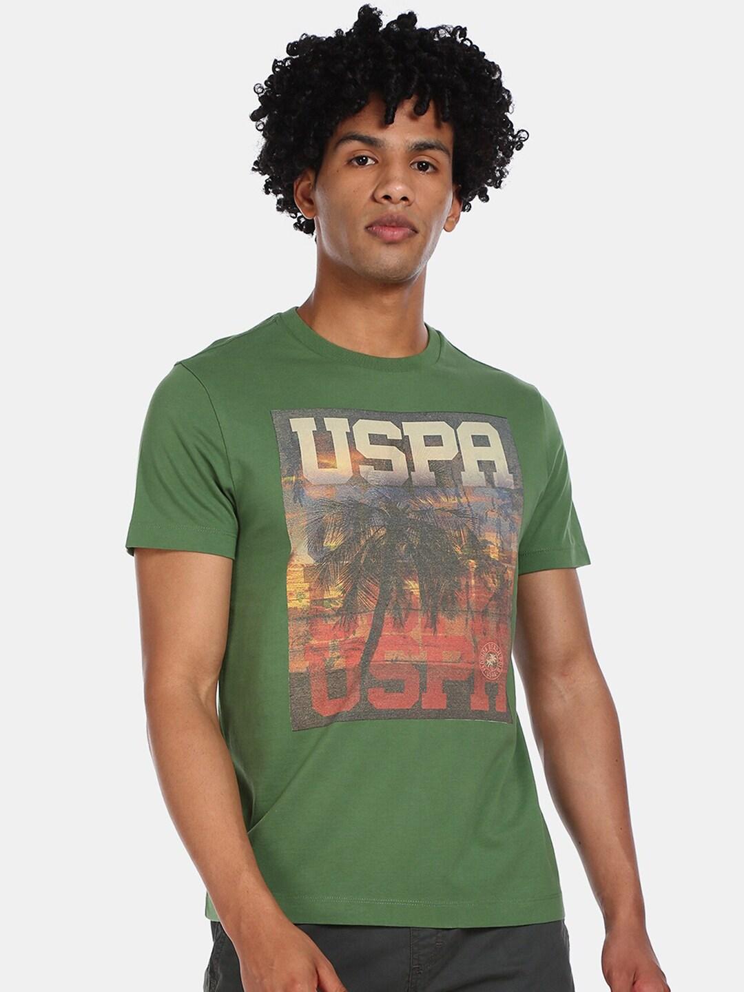 u.s. polo assn. denim co. men green  grey printed round neck cotton pure cotton t-shirt